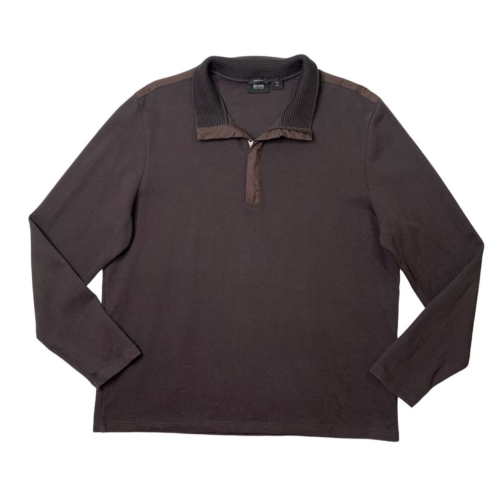 Hugo Boss Sweater Mens 2XL Espresso Brown Regular Fit Knit Quarter Zip Pullover